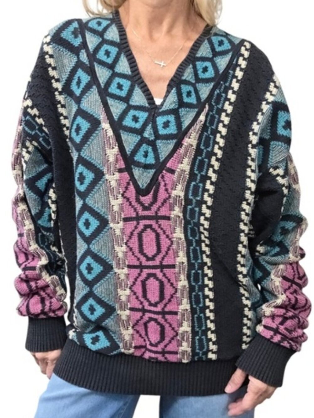 Vintage 90s London Fog Geometric V Neck Cotton Knit Sweater L USA